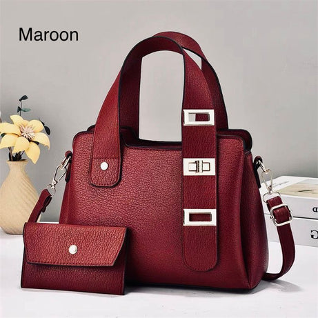Maroon Handbag with Detachable Sling and Wallet Set